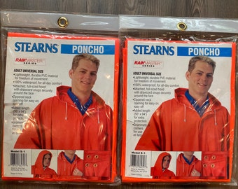 Stearns Rainmaster poncho, orange poncho, hooded, multi-purpose corner grommets to use as a tarp, waterproof, PVC, sealed package