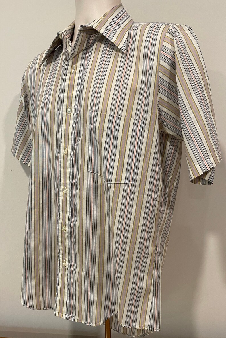 70s men's oxford shirt, half sleeve, Manhattan DQ Originals, striped, big collar image 5