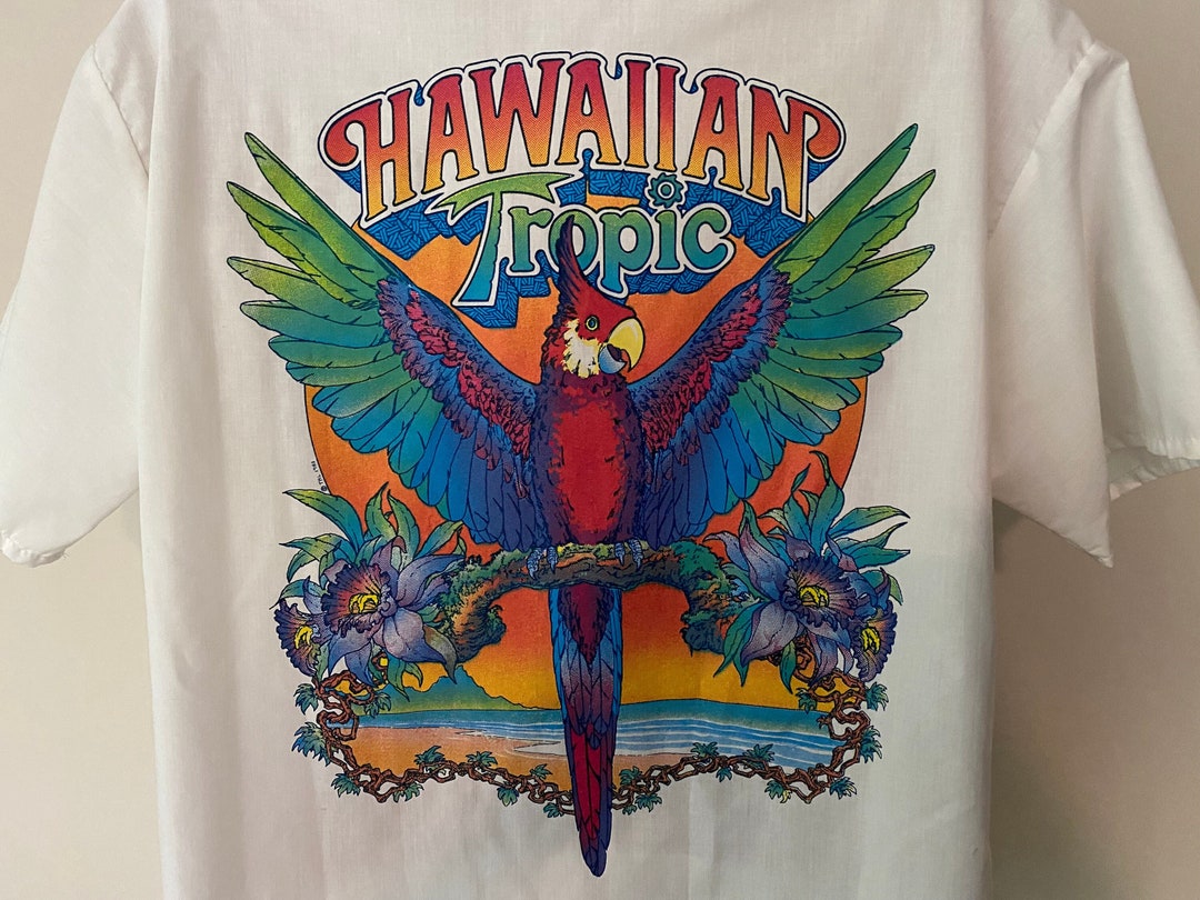80s Hawaiian Tropic Logo Shirt, Oversized Fit, Parrot Shirt, V