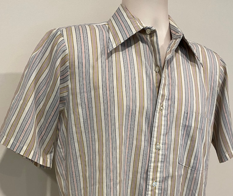 70s men's oxford shirt, half sleeve, Manhattan DQ Originals, striped, big collar image 2