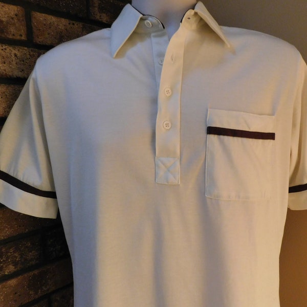 80s men's polo shirt, Royal-Aire, ecru with brown stripes