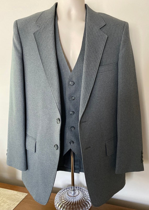 80s men's pinstripe suit, Sears, gray pinstripes, mac… - Gem