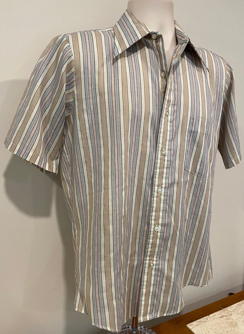70s men's oxford shirt, half sleeve, Manhattan DQ Originals, striped, big collar image 3