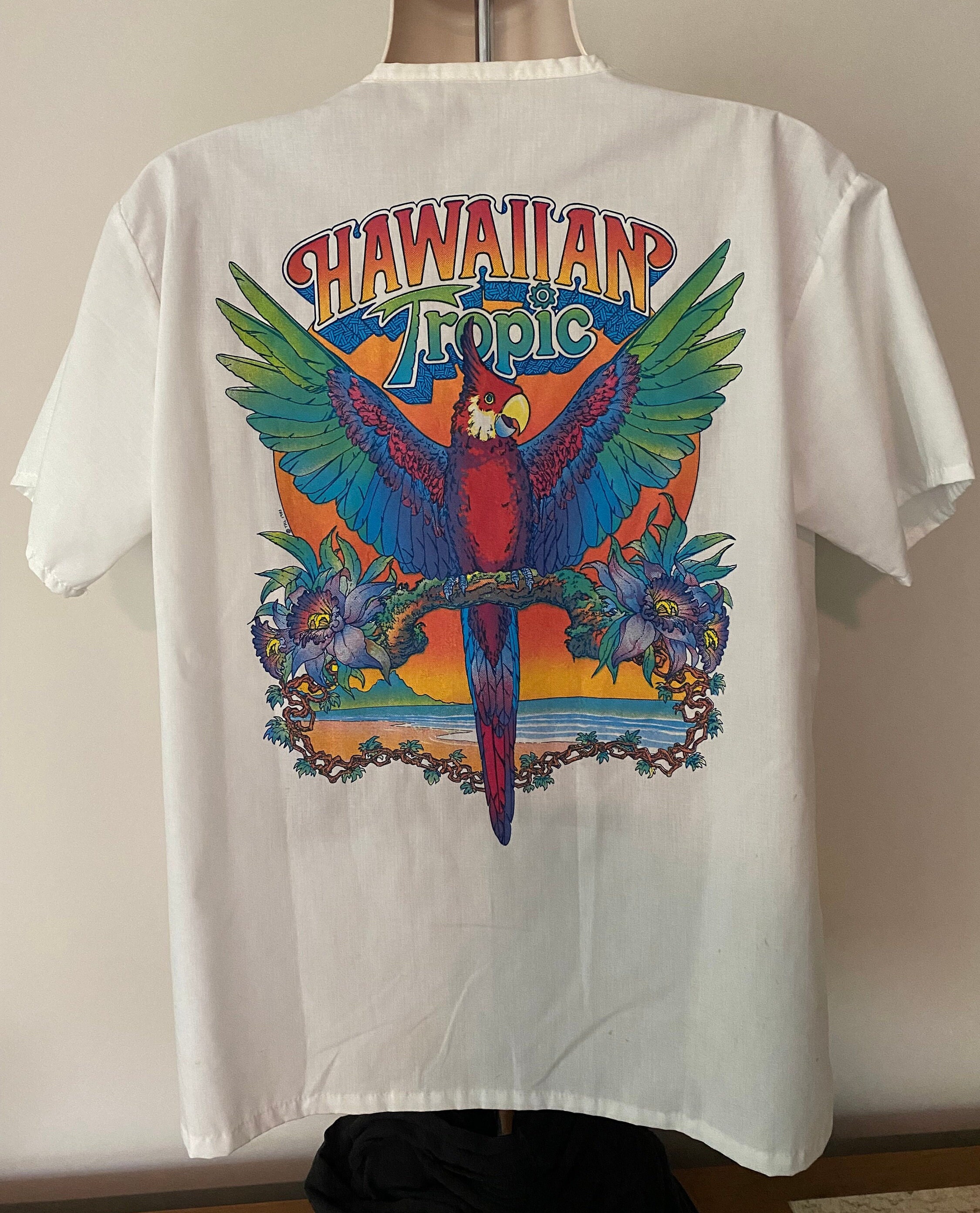 80s Hawaiian Tropic Logo Shirt, Oversized Fit, Parrot Shirt, V