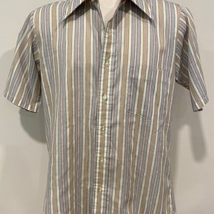 70s men's oxford shirt, half sleeve, Manhattan DQ Originals, striped, big collar image 4