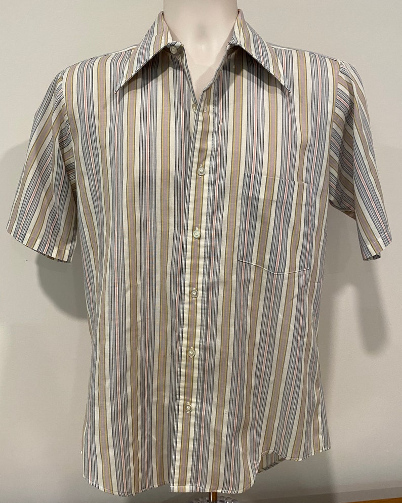 70s men's oxford shirt, half sleeve, Manhattan DQ Originals, striped, big collar image 4