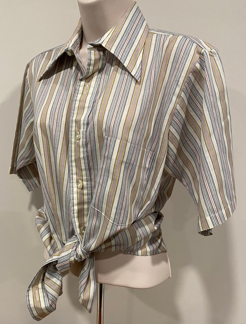 70s men's oxford shirt, half sleeve, Manhattan DQ Originals, striped, big collar image 10