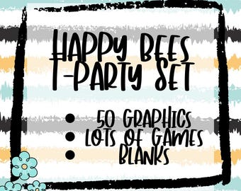 May include: A black and white graphic with a striped background. The text "Happy Bees Party Set" is in a large, bold font. Below the text are three bullet points with the text "50 Graphics", "Lots of Games", and "Blanks".