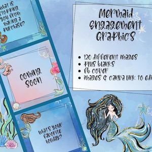 May include: A set of 120 digital graphics featuring mermaids with blue and gold accents. The graphics include a Facebook cover, blank templates, and editable images. The text "Mermaid Engagement Graphics" is displayed in a blue and white font.