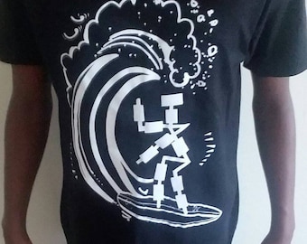 Camiseta de robot surfista: Camiseta gráfica dibujada a mano, deportes extremos