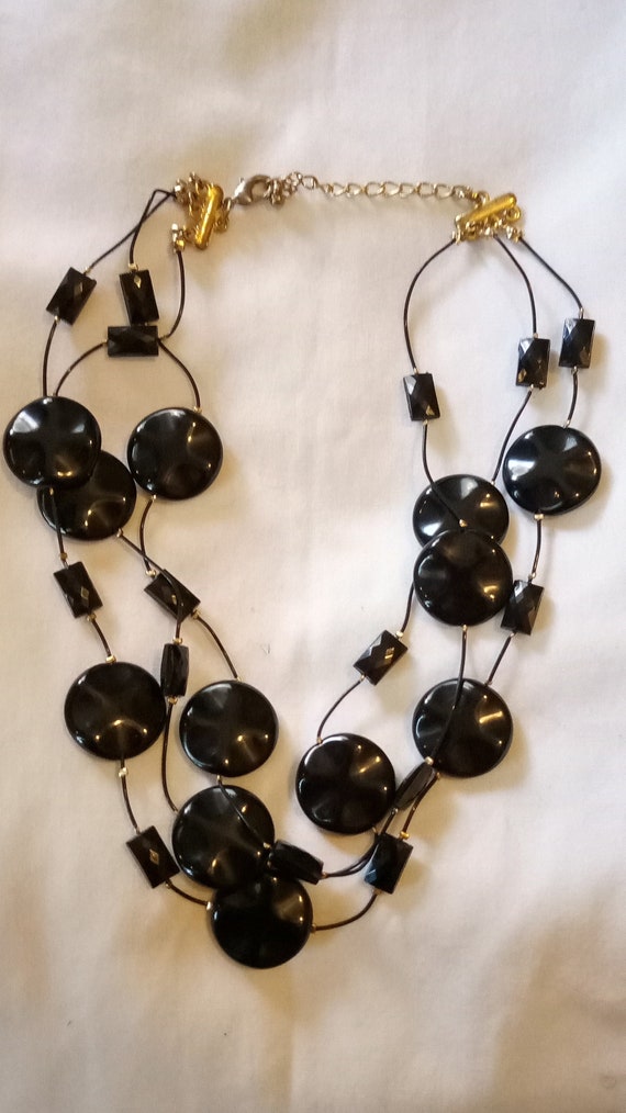 Women's Chocker Necklace Black 3 Strands Flat Bea… - image 5