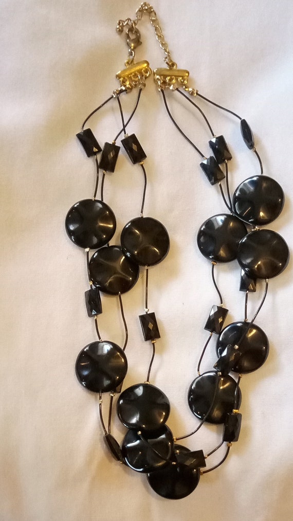 Women's Chocker Necklace Black 3 Strands Flat Bea… - image 2
