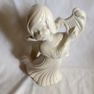 Angel Figurine 1970 Playing Lyre Harp White 11&quot; Tall Decorative Collectible Guardian Angels