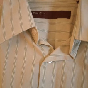 Perry Ellis Dress Shirt Designer Medium Green Stripe Button Front 100% Cotton