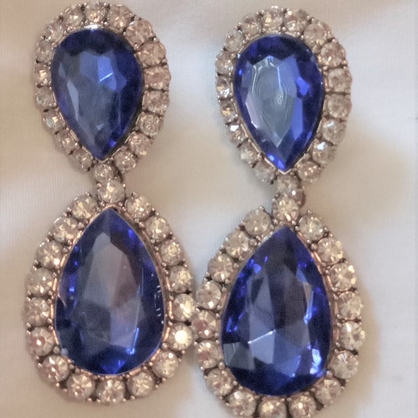 Princess Diana Earrings Diamond Sapphire Replica Pierced Ears. 3 Inches Wedding Mother's Day Prom Gifts