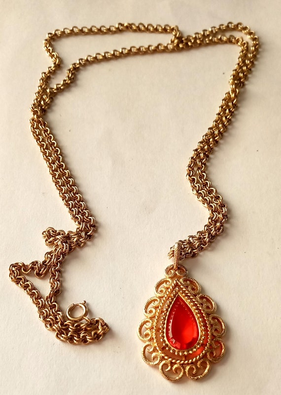 Women's Pendant Necklace Red Rhinestone Gold Plate