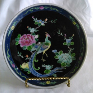 Japanese Peacock Plate Small Decorative Collectible Navy Blue Multicolor Formal Vintage