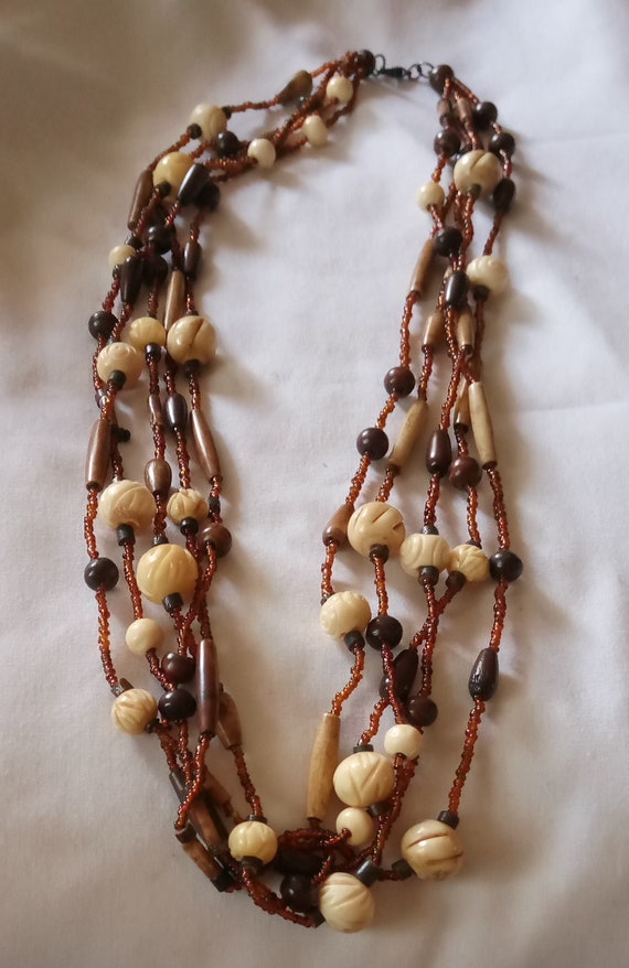 Beaded Necklace 5 Strands Brown Ivory Color Women'