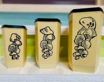 Vintage Set of 3 Etched Mushroom Plastic Canisters, Cream & Black, Kitchen Kitsch, Mushroomcore