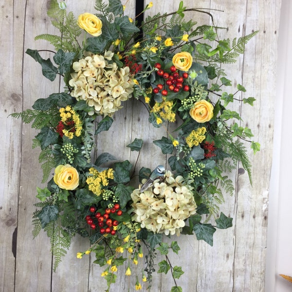 Couronne de printemps, couronnes d'été, grandes couronnes de porte d'entrée, couronnes toute l'année, couronnes d'hortensia, couronnes extérieures, couronne jaune, décor de porche