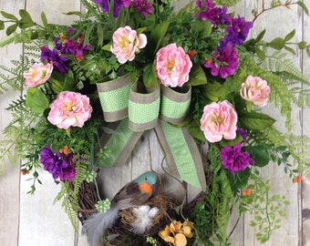 Spring Wreaths, Summer Wreaths, Front Door Wreaths, Pink Wreath, Purple Wreath, Outdoor Wreath with Bird and Nest, Wreaths for Door,