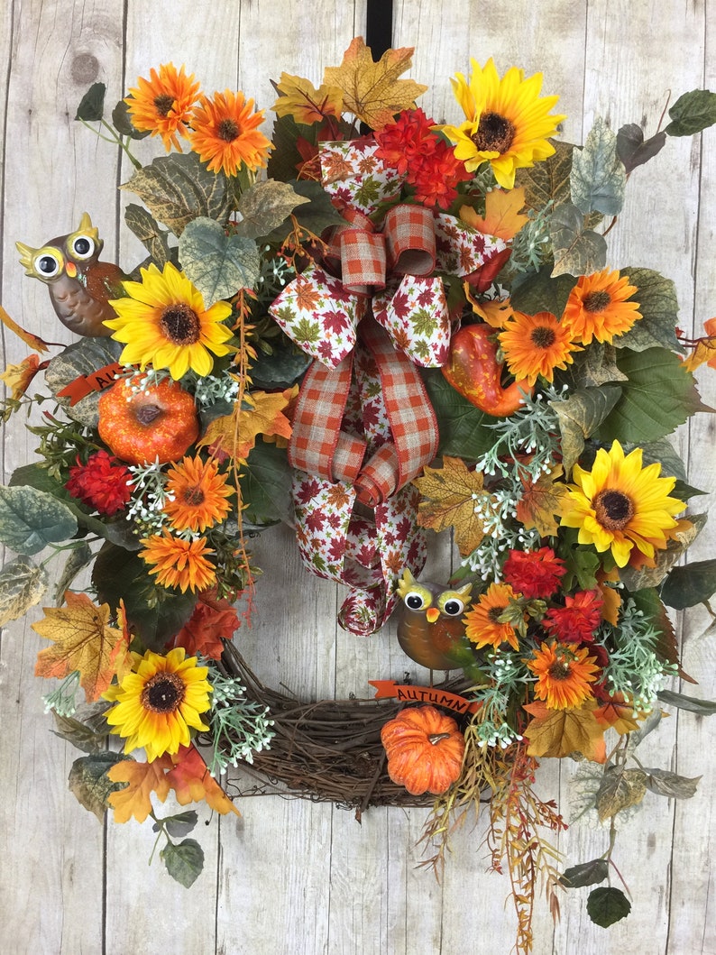 Fall Wreaths For Front Door Outdoor Autumn With Sunflowers And Owl As Decor