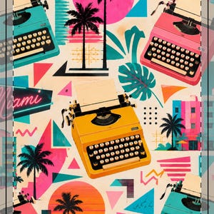 Manta, vela e adesivos com estampa tropical retrô de máquina de escrever.