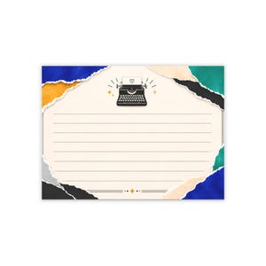 Può includere: Un cartoncino rettangolare con linee orizzontali per scrivere. Al centro è presente un'illustrazione di una macchina da scrivere nera con un simbolo a forma di cuore. Il bordo ha un effetto carta strappata in blu, arancione, verde acqua, nero e crema.