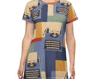 Retro Typewriter Pattern T-Shirt Dress | Vintage Writer Print, All-Over