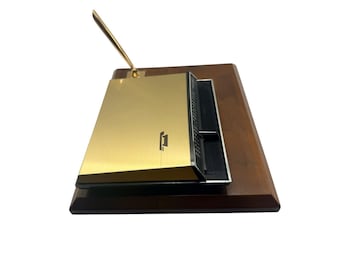 Vintage MCM Gold Tone Flip Top Address Book Telephone Index Wood Base Desk Set