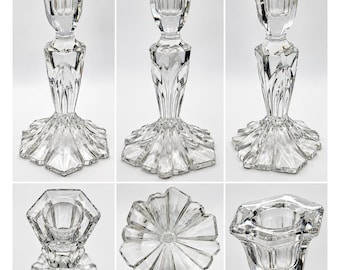 Vintage Faceted Lead Crystal Candlestick Holder Clear Glass Hexagon Taper 7.5in
