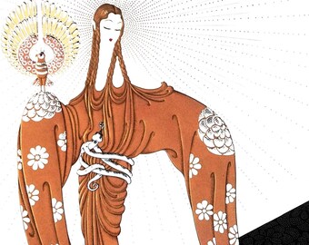 Erte Matted Print 1987 WISDOM CELESTIAL VIRTUES Asian Woman Peacock Fan Serpent Professionally Matted Art Deco Fashion Print Ready to Frame