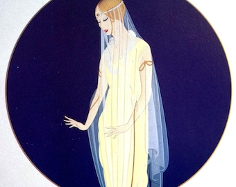 May include: A woman in a yellow gown and a veil stands in front of a dark blue circle. She is wearing a gold headband and has her head bowed. The veil is flowing behind her.
