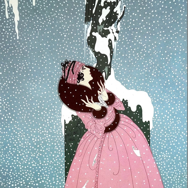 Erte 1982 - END of ROMANCE  -  Girl Love Note - WINTER Snow Storm Pink Dress  -  Professionally Matted Art Deco Fashion Print Ready to Frame