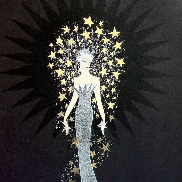 Erte Matted Print 1987 STARSTRUCK STAR STRUCK Starry Night Gold Stars Professionally Matted Art Deco Fashion Print Ready to Frame Wall Art