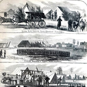 May include: A detailed black and white illustration depicting scenes from a military camp. The image shows various activities, including mail delivery, soldiers in formation, food preparation, and administrative offices. Text includes "Army Mail," "Provost Marshal's Office," "Commissary's Department," and "Adjutant-General's Office."
