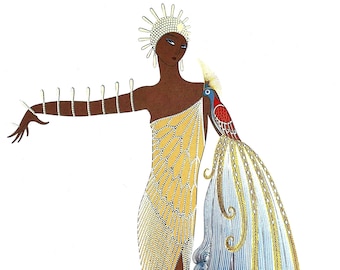 Erte Matted Print 1987 - DIVA II BROWN Skinned Skin Beauty w Peacock - Professionally Matted Art Deco Fashion Print Ready to Frame Wall Art