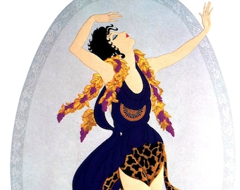 Erte Print 1987 BACCHANTE HIGH PRIESTESS Greek Mythology Bacchus Spirit Professionally Matted Art Deco Noveau Fashion Print Ready to Frame