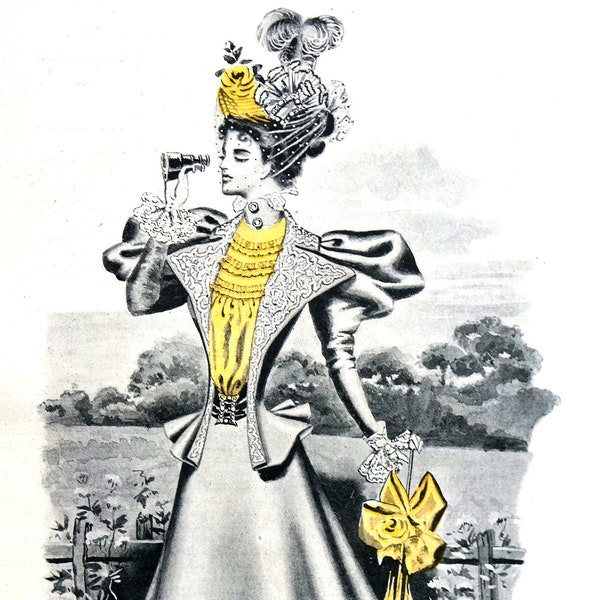 RACE Racing Gown w Big Sleeves 1896 VICTORIAN Lady w Binoculars and Parasol YELLOW Highlights Professionally Matted Madame Fashion Print