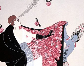 May include: A vintage art deco illustration of two women in a stylized setting. One woman wears a black and white dress with a rose-patterned cape. The other woman wears a black and white striped dress with a blue headdress. The background is a light pink.