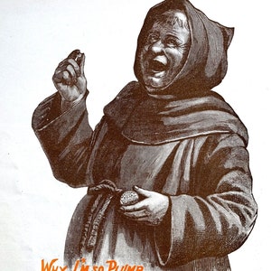 May include: A black and white illustration of a man in a brown robe holding a small round container. The text on the image reads "Why I'm so Plump The Reason I'll Tell Who Takes Beecham's Pills Is Sure to Live Well".