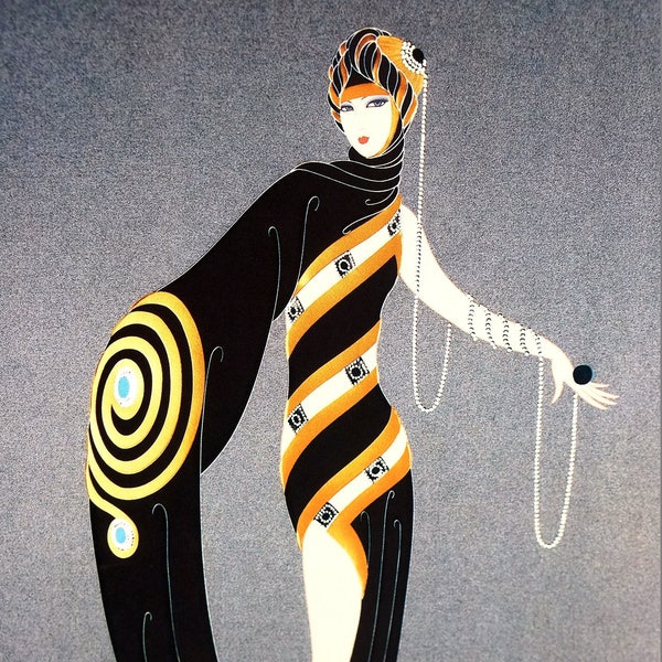 Erte Matted Print 1991 PEARLS and EMERALDS Lady in Black and Yellow Evening Gown Professionally Matted Art Deco FASHION Print Ready to Frame