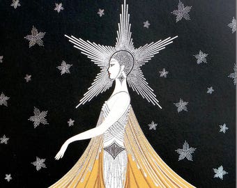 Erte Matted Print 1987 LOVE NEW YORK Star Halo Pearl Costume Gold Cape Professionally Matted Art Deco Fashion Print Ready to Frame Wall Art