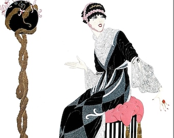 Erte Matted Print 1987 HARMONY Sophisticated Lady Check and Lace Dress Professionally Matted Art Deco Fashion Print Ready to Frame Wall Art