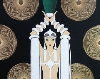 Erte Matted Print 1987 - EMERALD VASE II - Lady on Pedestal with Green Bottle - Professionally Matted Art Deco Fashion Print Ready to Frame