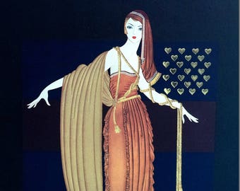 May include: A woman in a long, flowing gown with a gold and red design. She is wearing a head scarf and has a long, flowing train. The background is a dark blue with gold hearts.