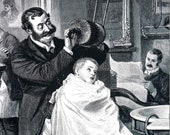 Boys First Haircut 1890 BARBER BARBER SHOP Barber Chair Shave Hairdresser Antique Engraving Professionally Matted Ready to Frame