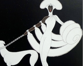 Erte Print 1987 EBONY and WHITE - Brown Skinned Woman in White Fox