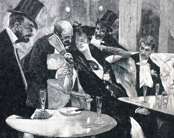 Country Boy in Paris 1899 Evening in PARIS SOCIAL SCENE Champagne Wine Rene Reinicke Professionally Matted Antique Engraving Print Wall Art