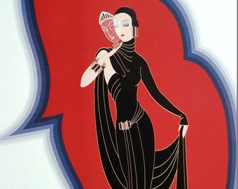 Erte 1991 - CRYSTAL MASK Mystery Woman in BLACK Evening Gown Art Nouveau - Professionally Matted Wall Art Deco Fashion Print Ready to Frame